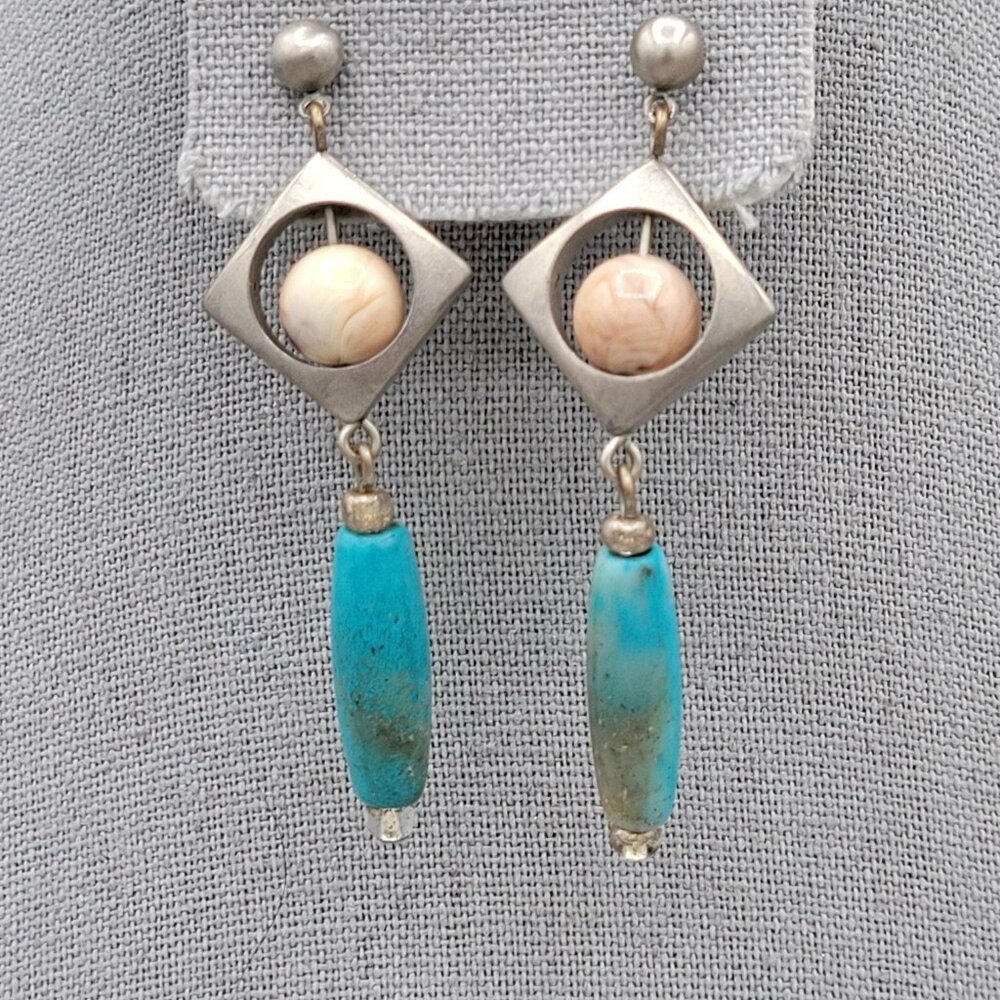 Silver Tone Drop Stud Earrings Blue Dyed Howlite Bead Dangle Geometric Style